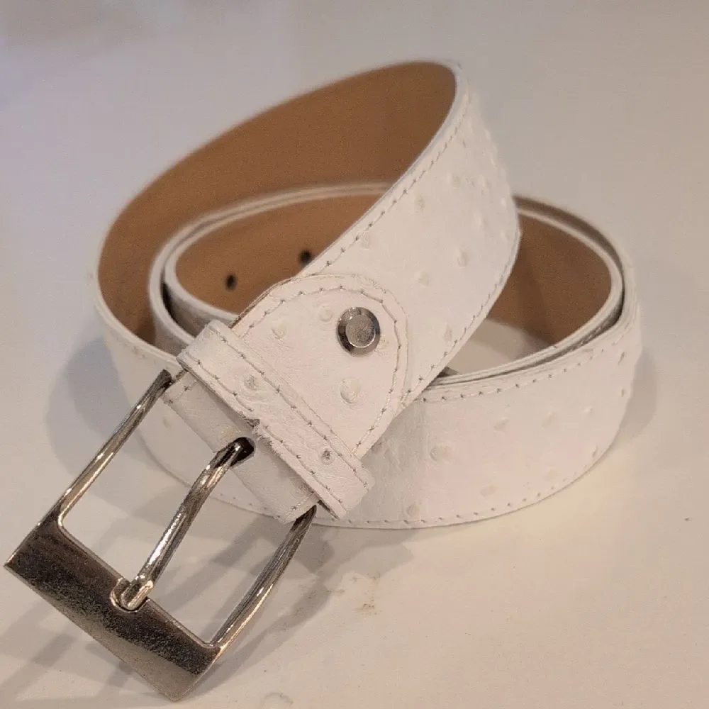 Cintura In Pelle White Ostrich Embossed Leather Belt Silver Buckle Made in Italy